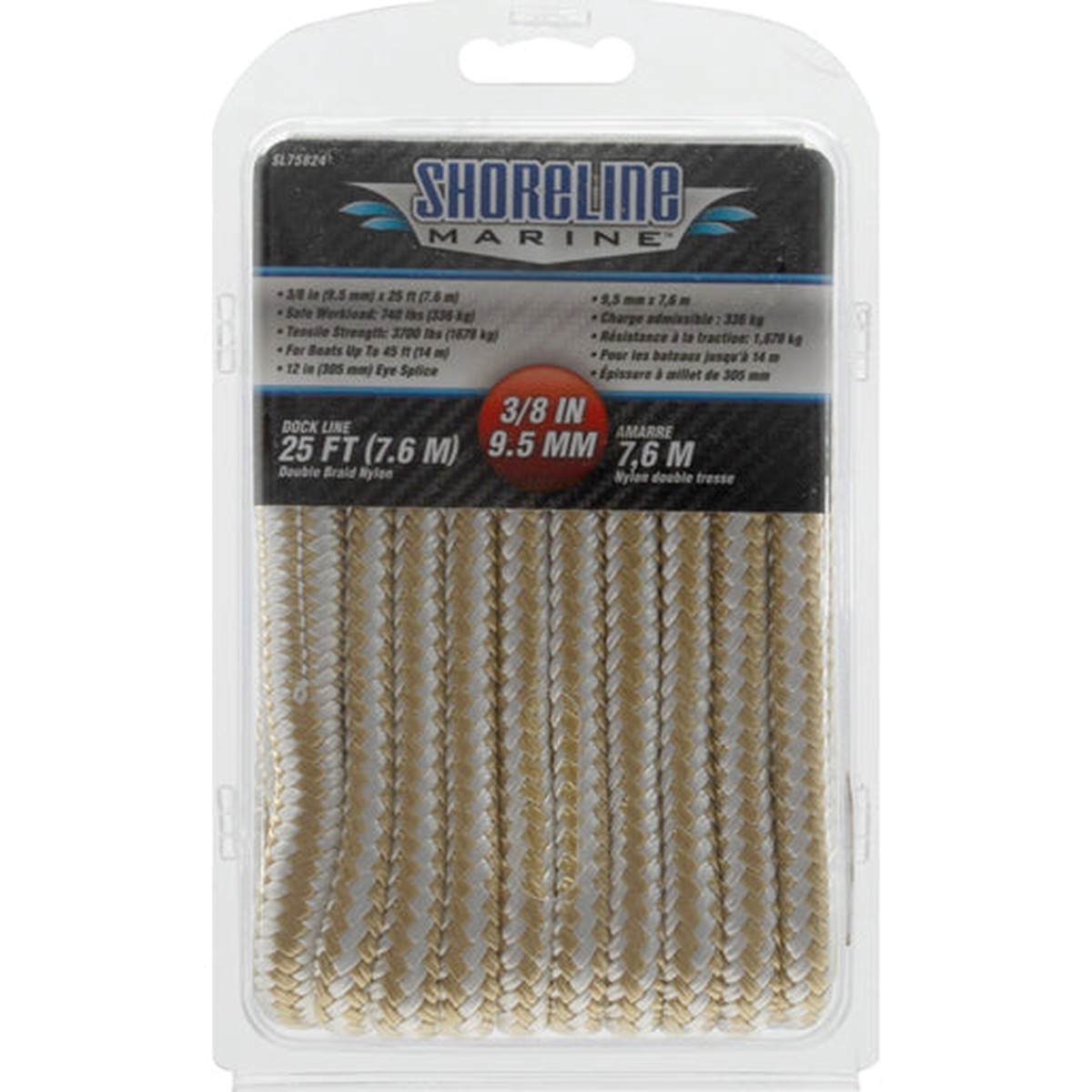 Shoreline Marine Boating & Marine Double Braided Nylon Dock Line - 3/8 X 25' Gold/White